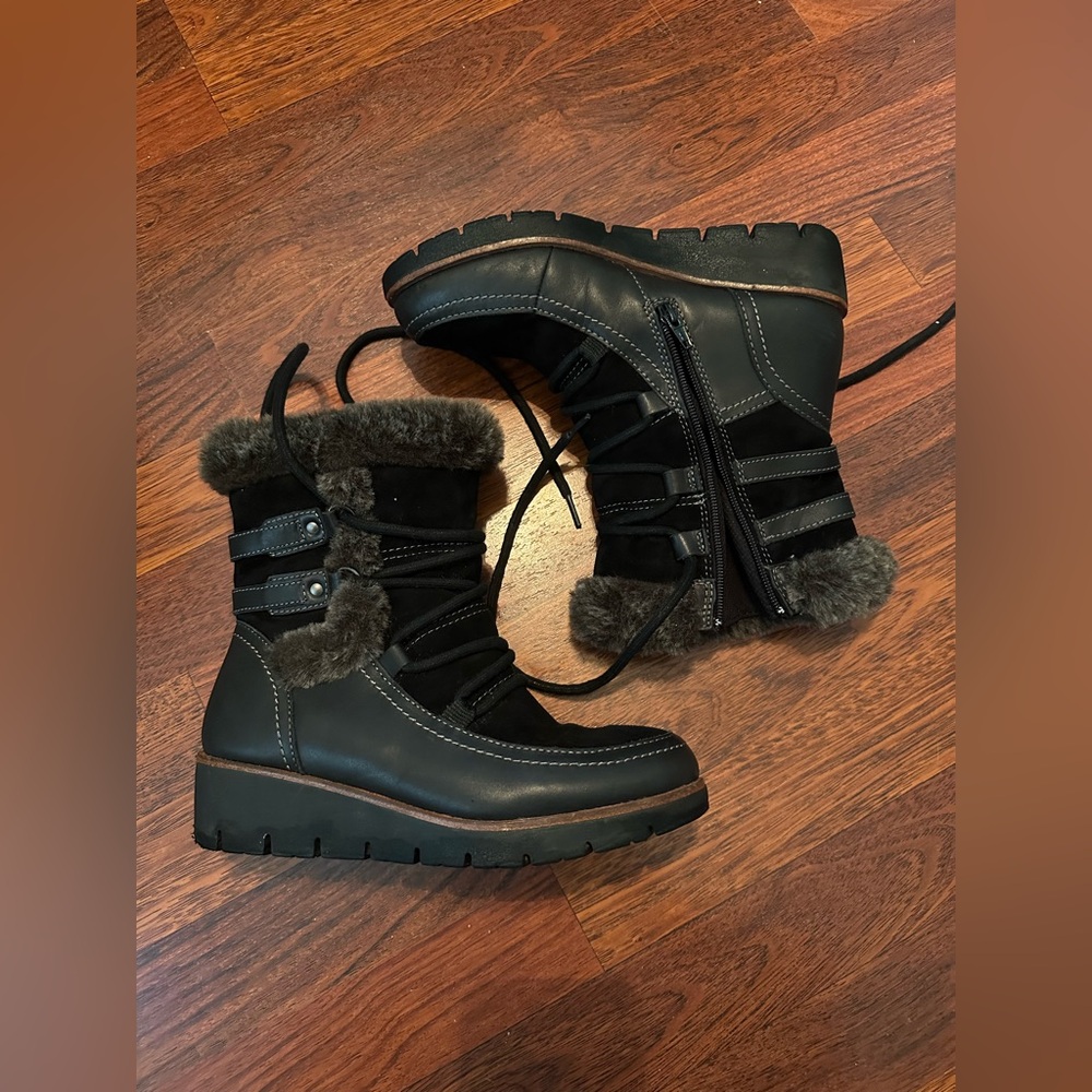 Earth Zurich Basel Women’s Winter Boots Black Leather Suede Faux Fur Size 7M